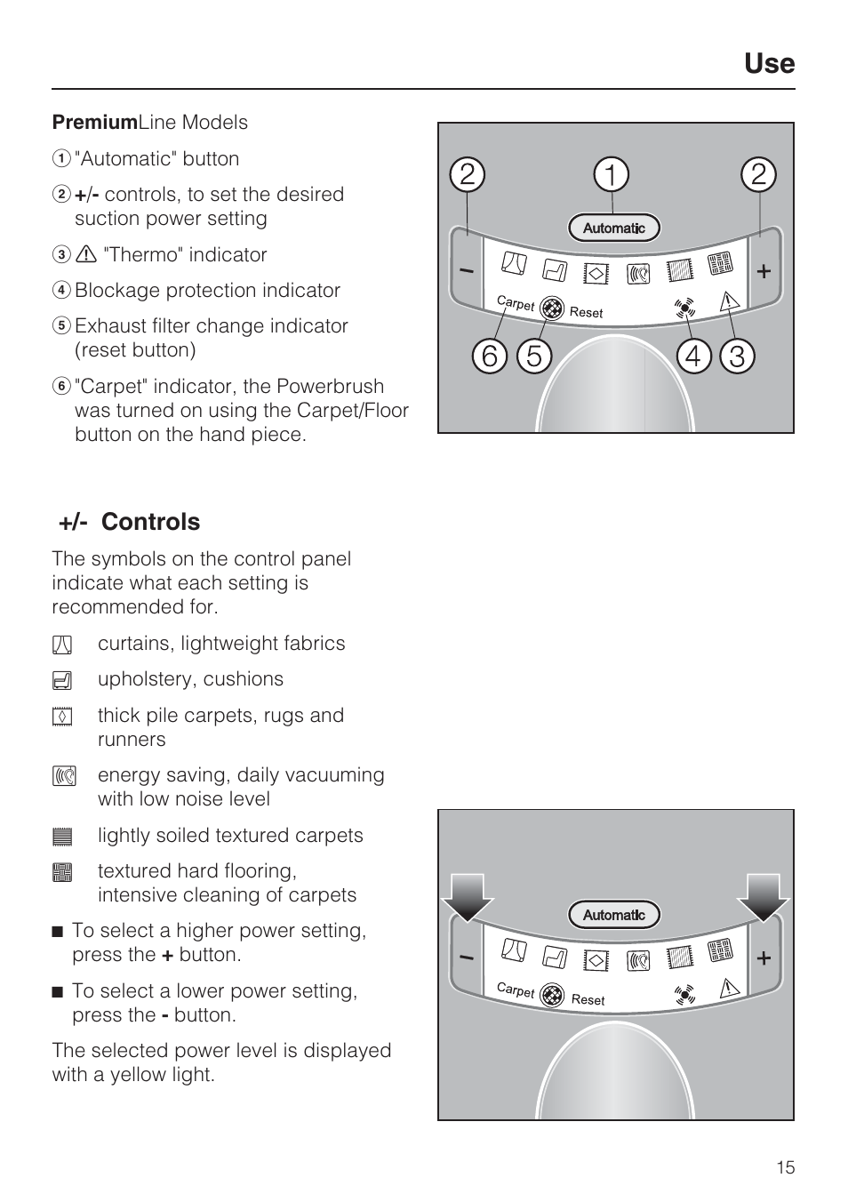 Controls | Miele S 7000 User Manual | Page 15 / 40