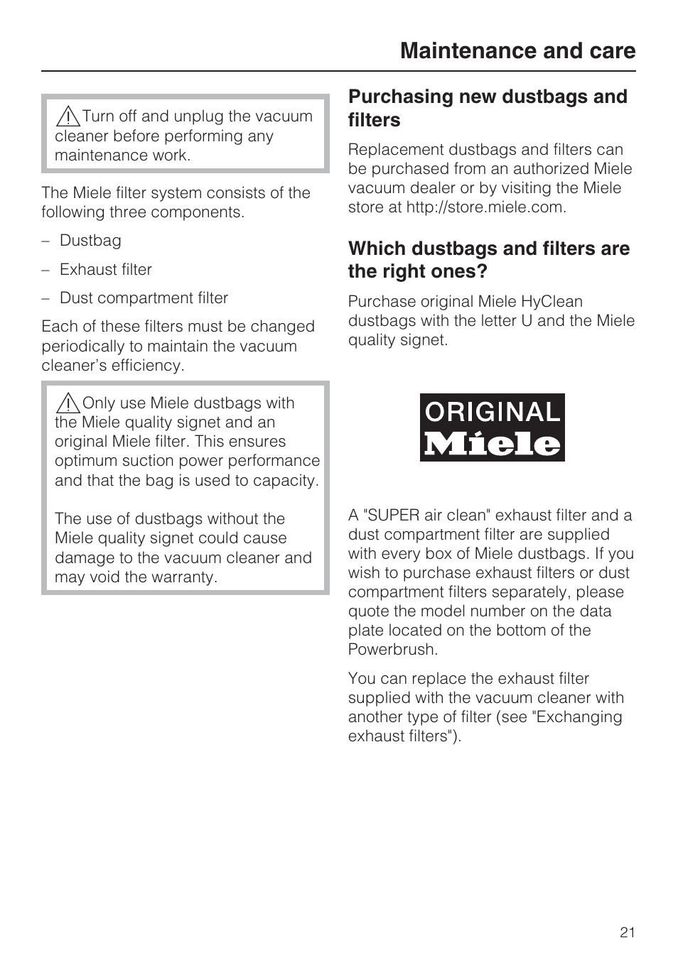 Maintenance and care | Miele S 7000 User Manual | Page 21 / 40