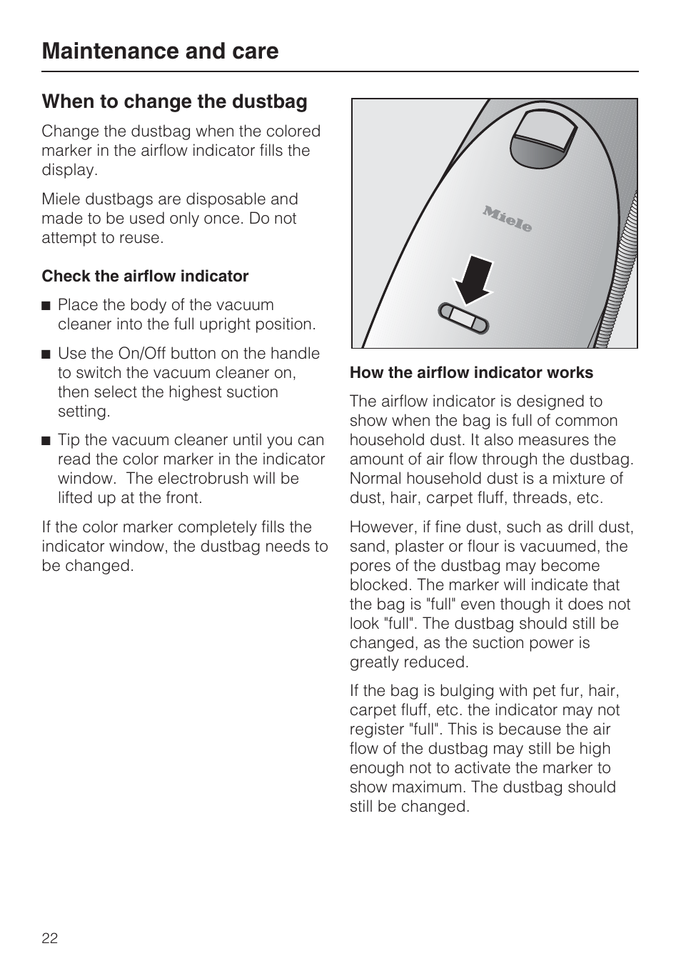 Maintenance and care, When to change the dustbag | Miele S 7000 User Manual | Page 22 / 40