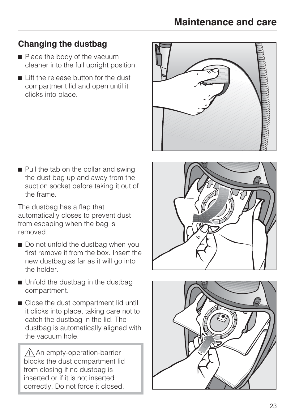 Maintenance and care, Changing the dustbag | Miele S 7000 User Manual | Page 23 / 40