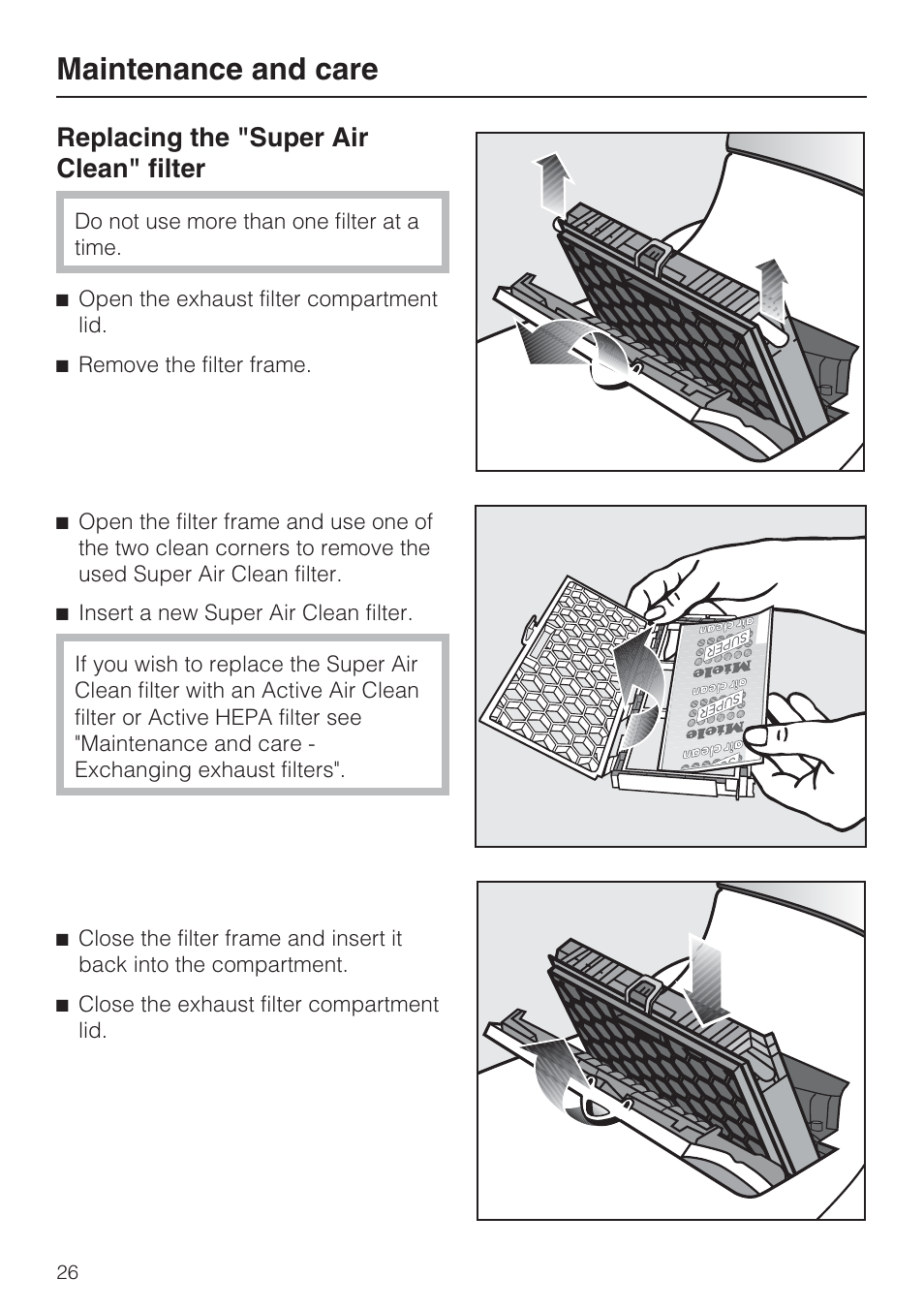 Maintenance and care, Replacing the "super air clean" filter | Miele S 7000 User Manual | Page 26 / 40