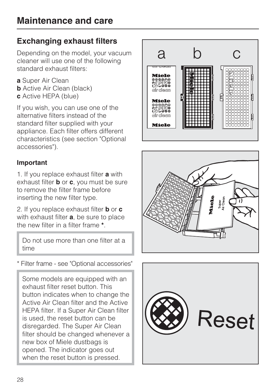 Maintenance and care, Exchanging exhaust filters | Miele S 7000 User Manual | Page 28 / 40