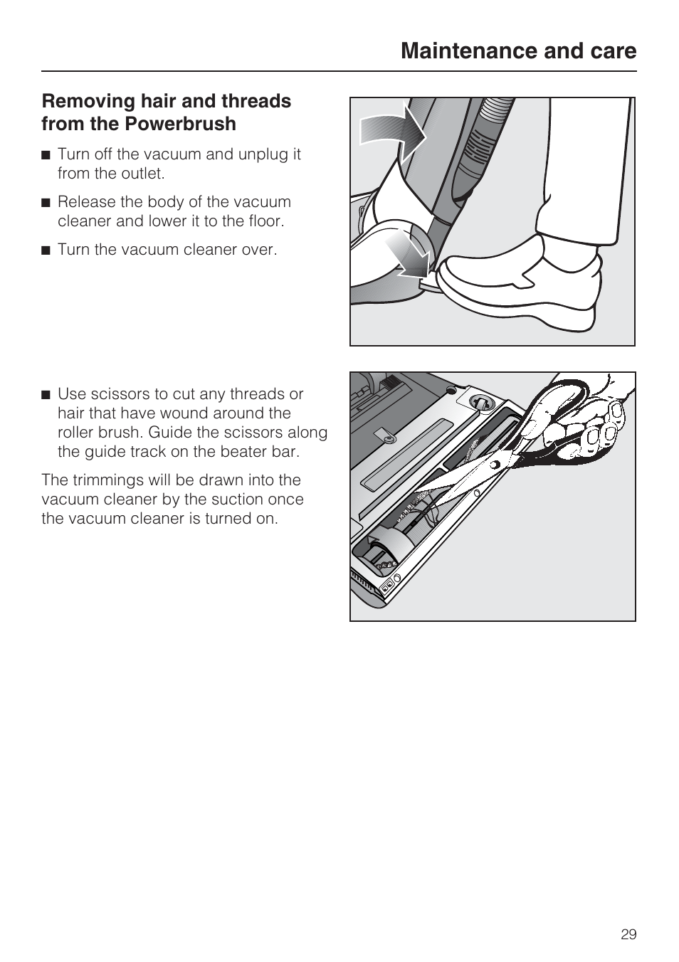 Maintenance and care, Removing hair and threads from the powerbrush | Miele S 7000 User Manual | Page 29 / 40