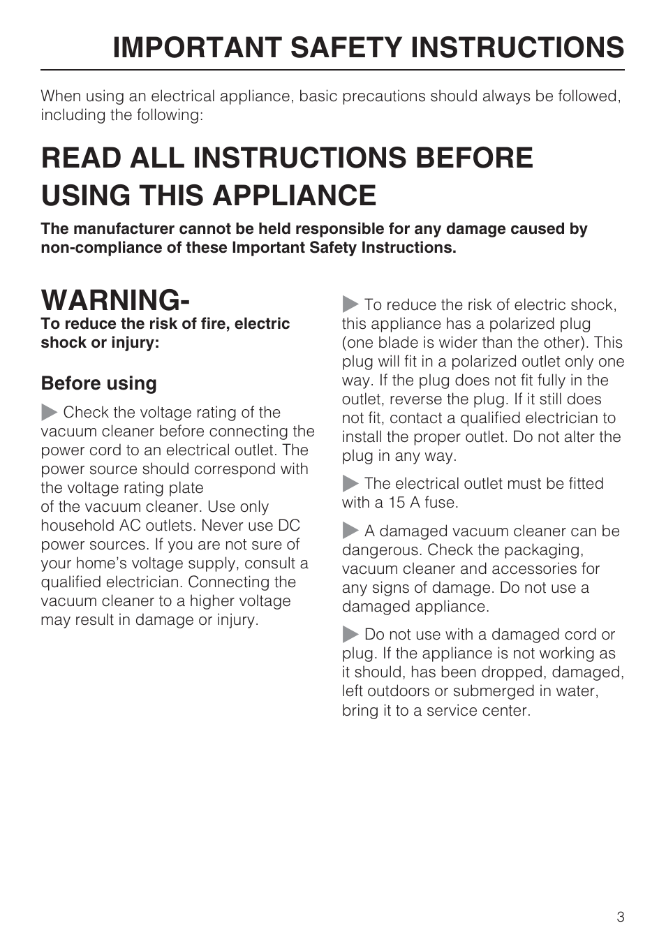 Read all instructions before using this appliance, Warning, Important safety instructions | Miele S 7000 User Manual | Page 3 / 40