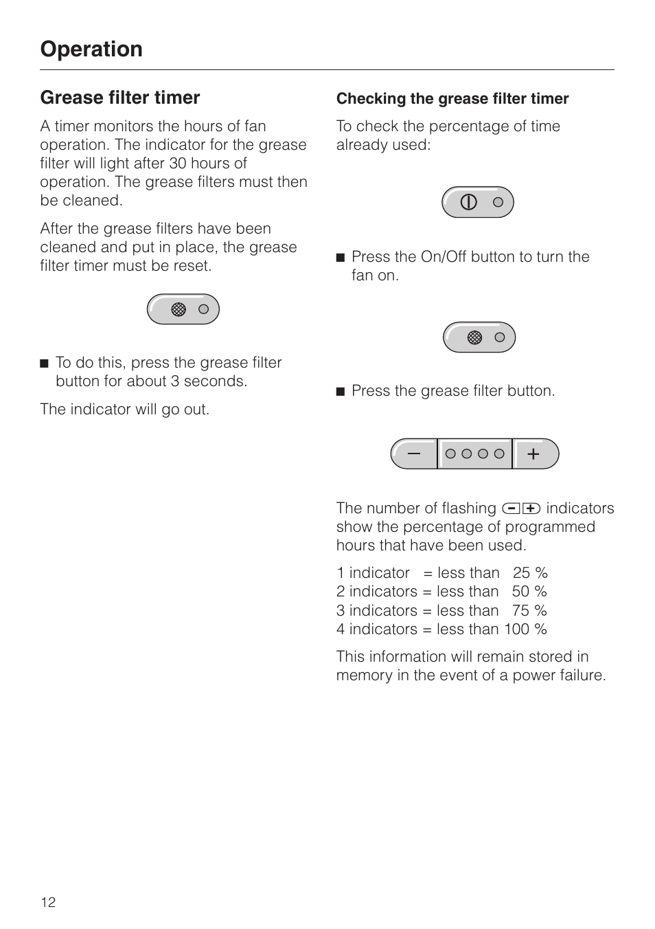 Grease filter timer 12, Checking the grease filter timer 12, Grease filter timer | Checking the grease filter timer, Operation | Miele DA252-3 User Manual | Page 12 / 32