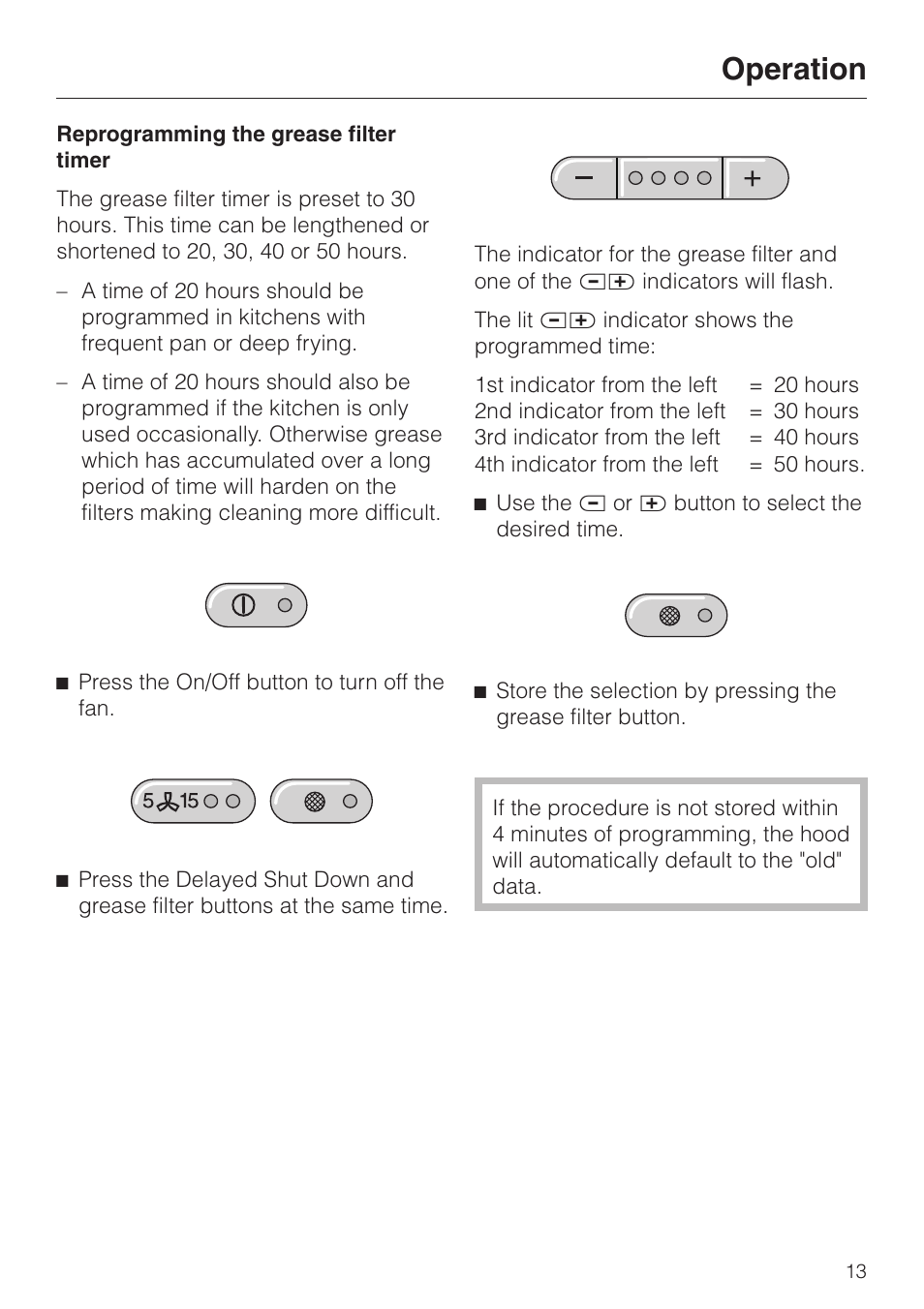 Reprogramming the grease filter timer 13, Reprogramming the grease filter timer, Operation | Miele DA252-3 User Manual | Page 13 / 32