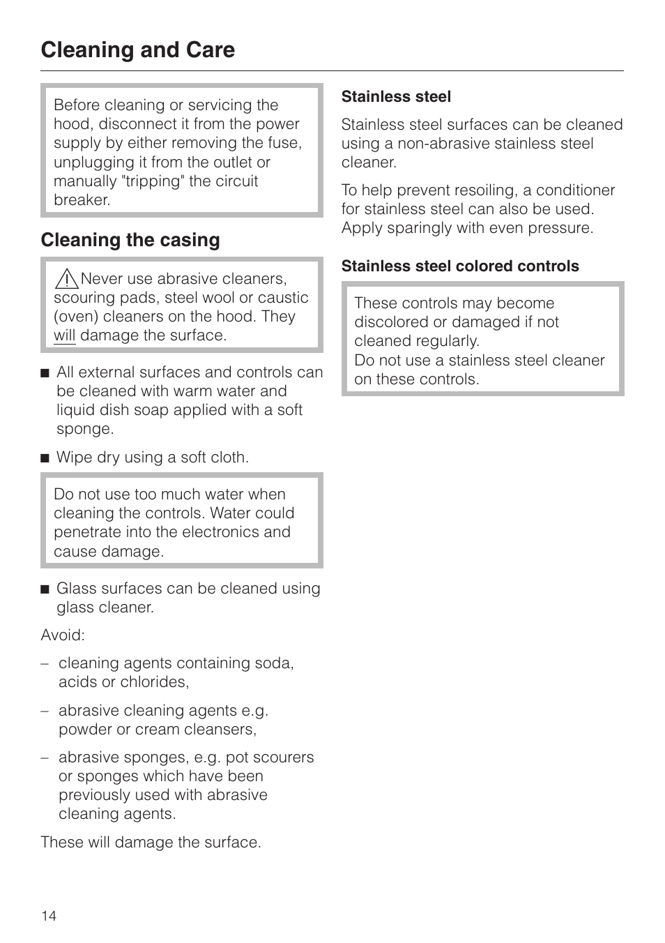 Cleaning and care 14, Cleaning the casing 14, Cleaning and care | Cleaning the casing | Miele DA252-3 User Manual | Page 14 / 32