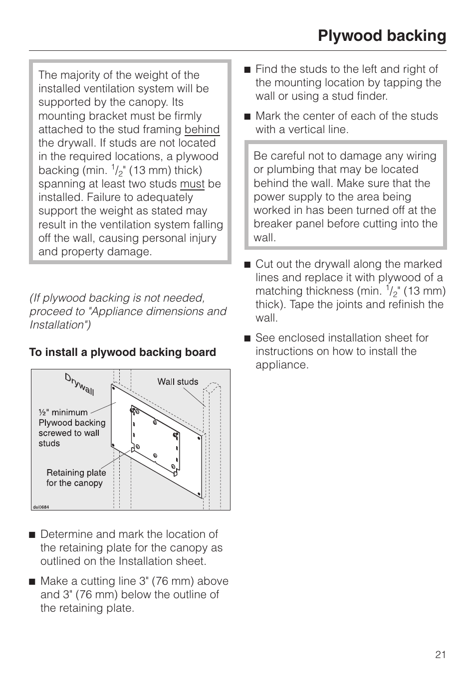 Plywood backing 21, Plywood backing | Miele DA252-3 User Manual | Page 21 / 32