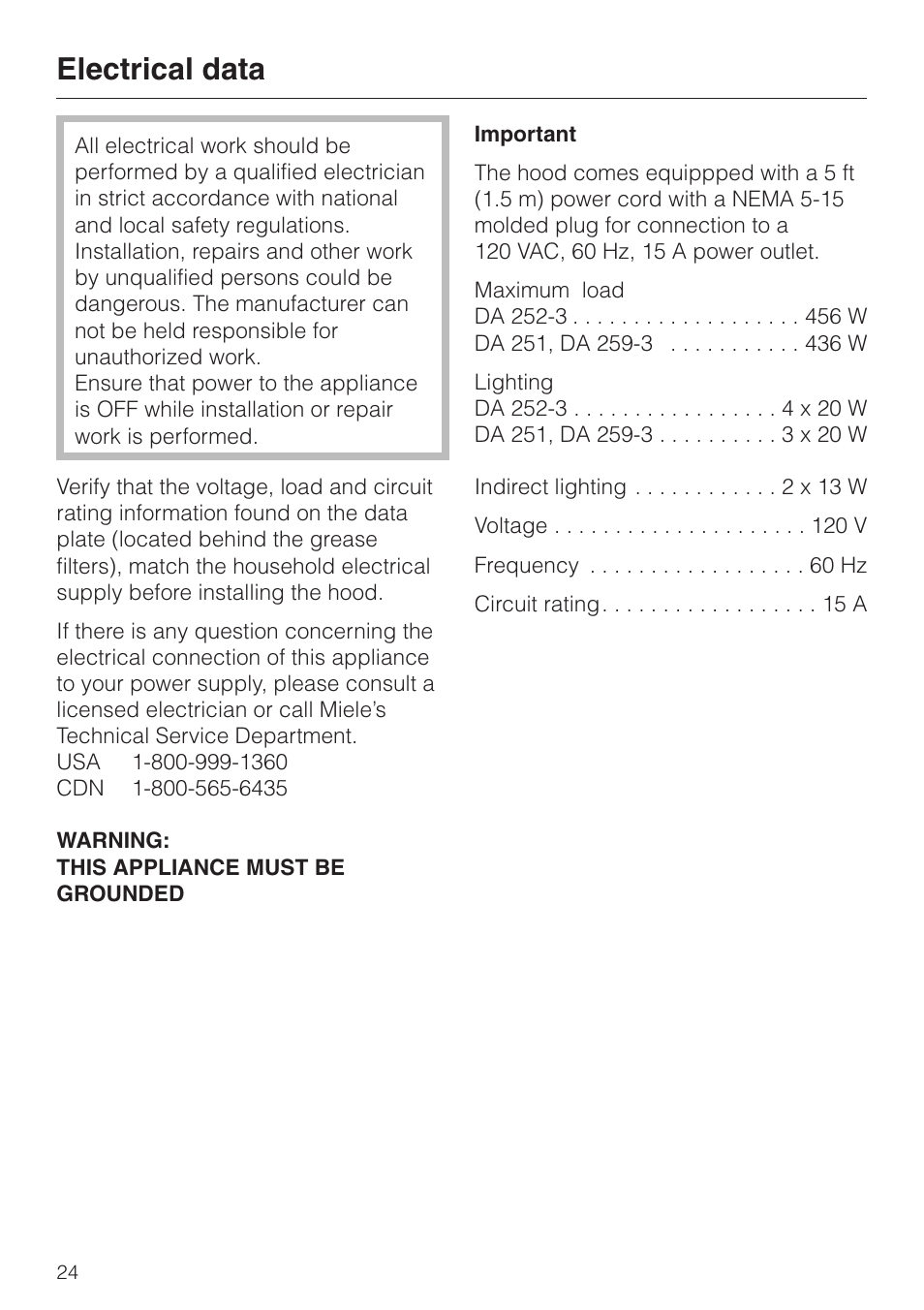 Electrical data 24, Electrical data | Miele DA252-3 User Manual | Page 24 / 32