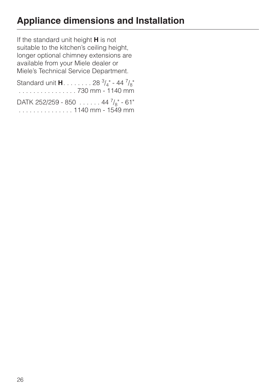 Appliance dimensions and installation | Miele DA252-3 User Manual | Page 26 / 32