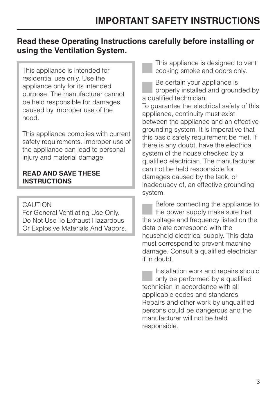 Important safety instructions 3, Important safety instructions | Miele DA252-3 User Manual | Page 3 / 32