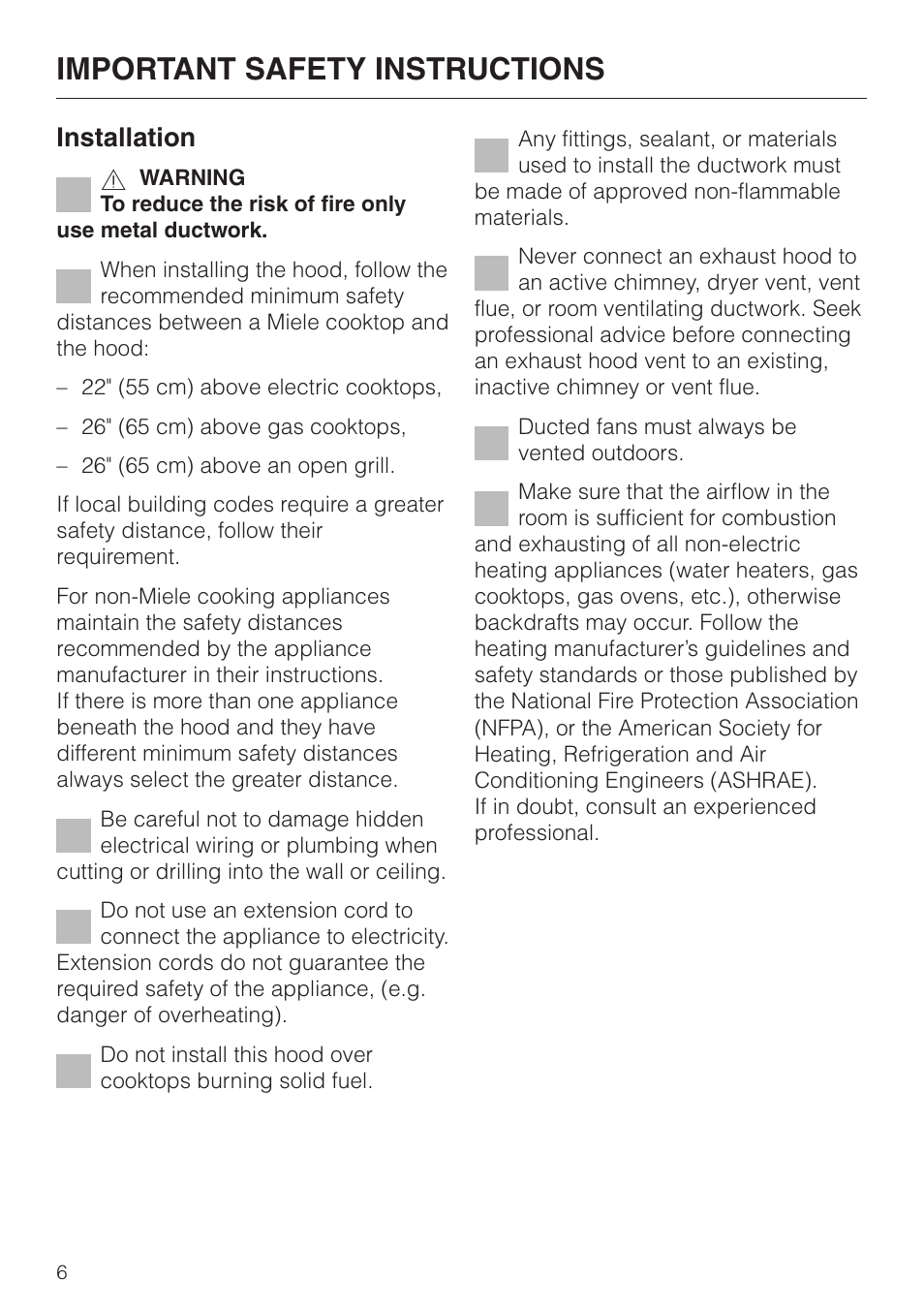 Important safety instructions, Installation | Miele DA252-3 User Manual | Page 6 / 32