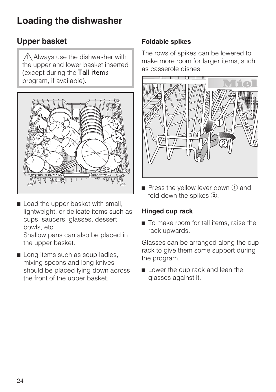 Upper basket 24, Loading the dishwasher, Upper basket | Miele G 5975 User Manual | Page 24 / 84