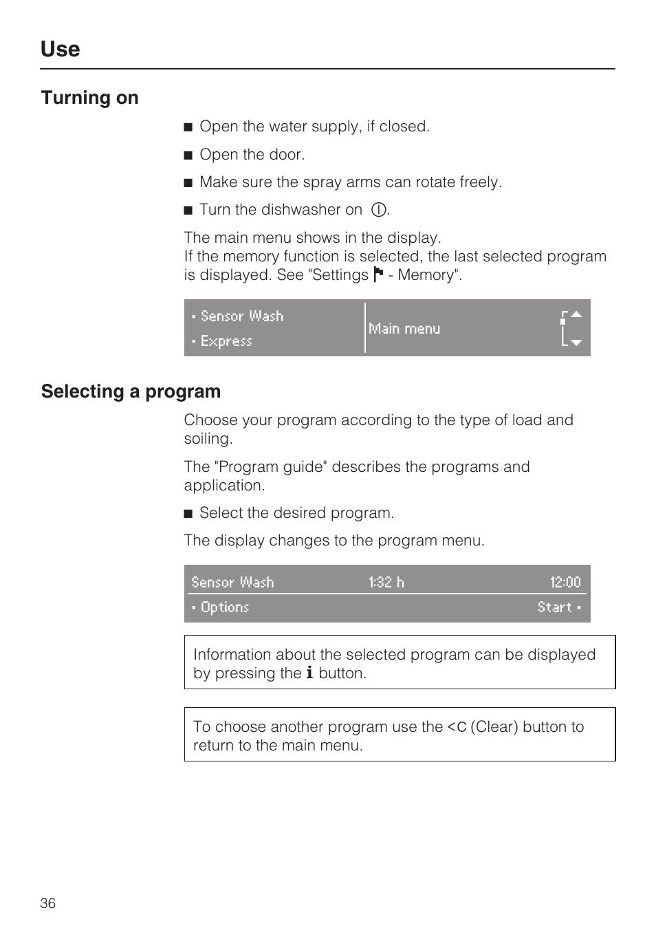 Turning on 36, Selecting a program 36, Turning on | Selecting a program | Miele G 5975 User Manual | Page 36 / 84