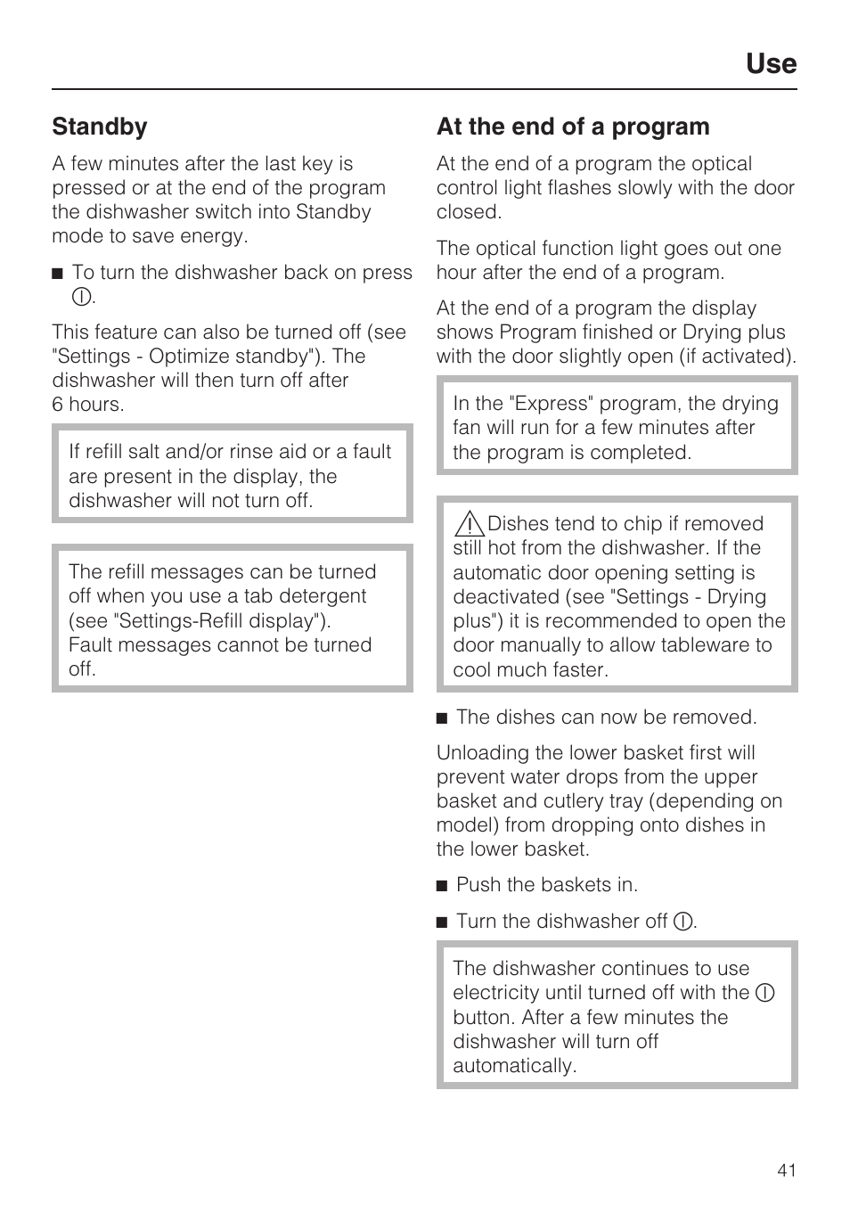 Standby 41, At the end of a program 41, Standby | At the end of a program | Miele G 5975 User Manual | Page 41 / 84