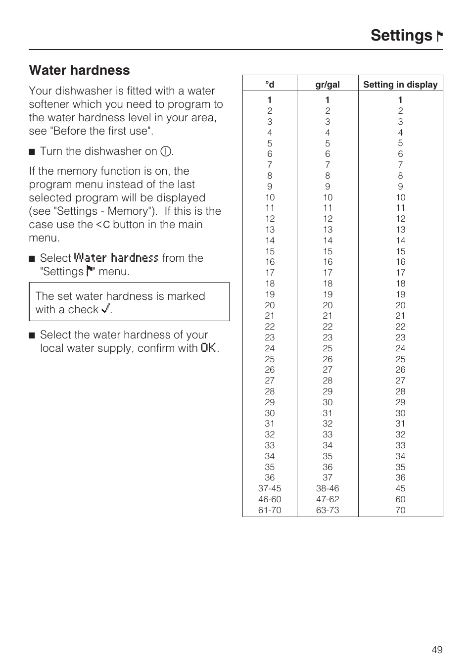 Water hardness 49, Settings, Water hardness | Miele G 5975 User Manual | Page 49 / 84