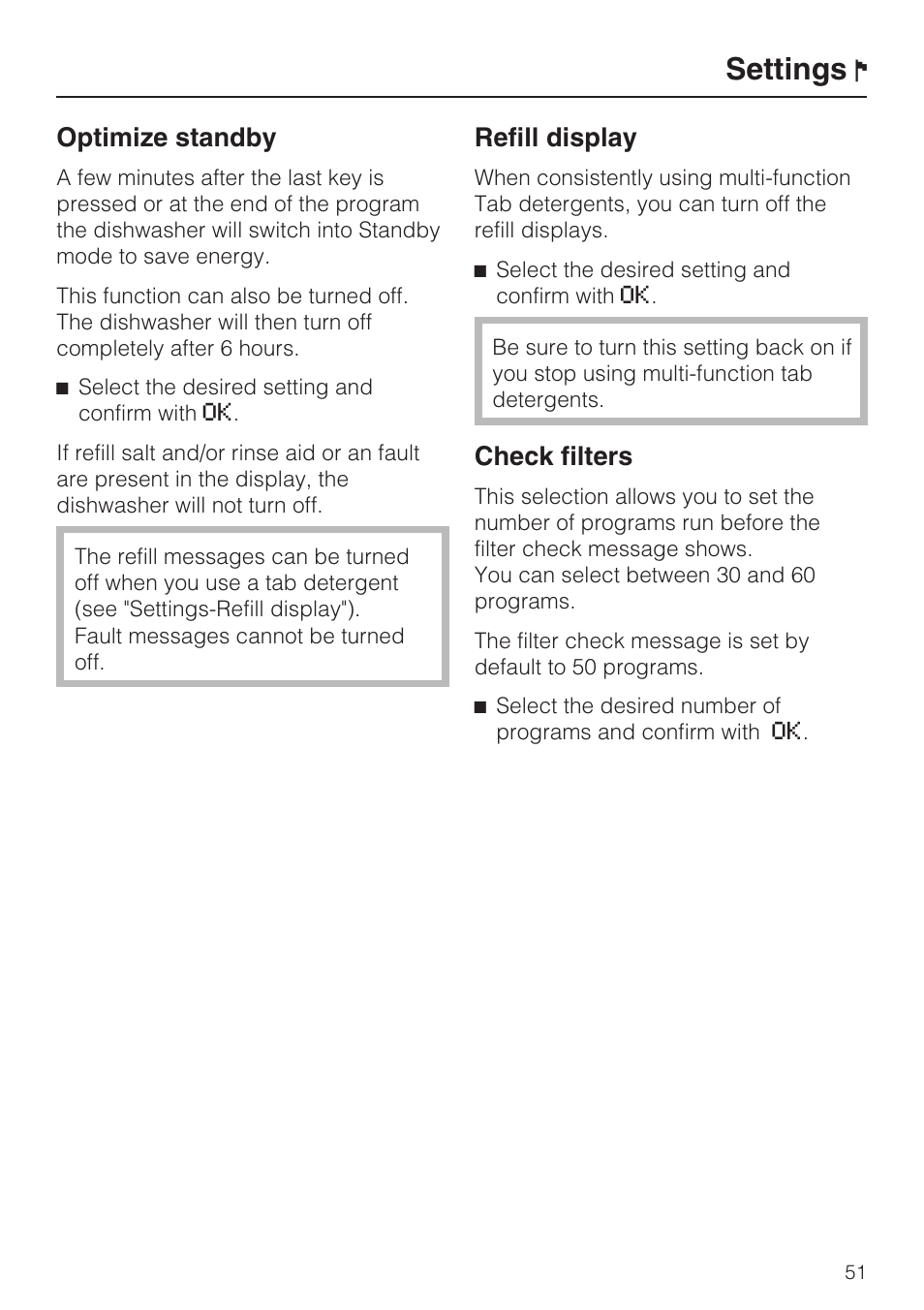 Optimize standby 51, Refill display 51, Check filters 51 | Settings, Optimize standby, Refill display, Check filters | Miele G 5975 User Manual | Page 51 / 84