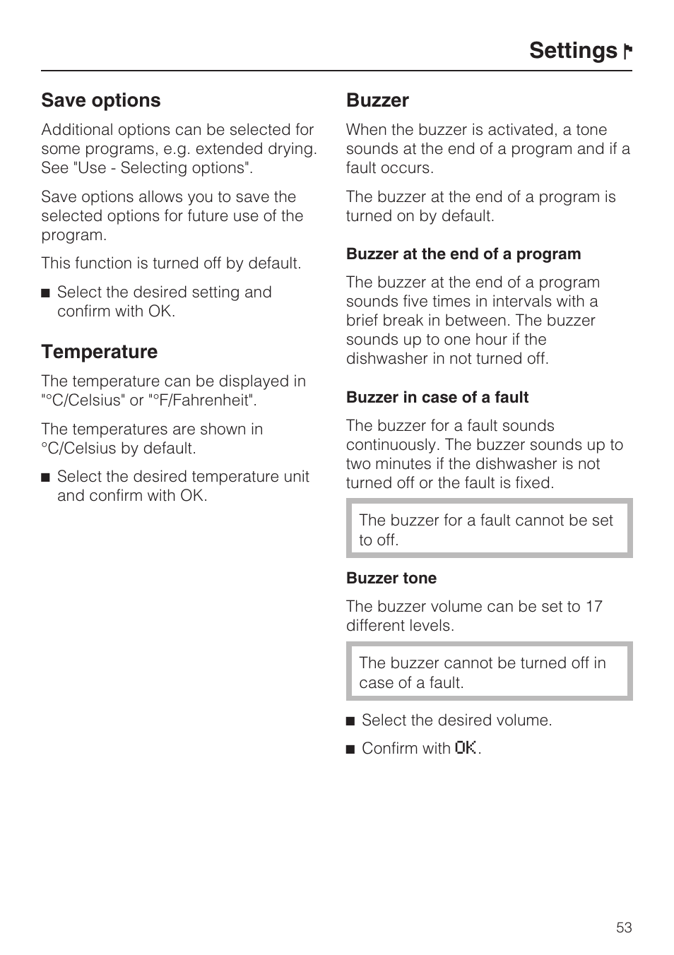 Save options 53, Settings, Save options | Temperature, Buzzer | Miele G 5975 User Manual | Page 53 / 84