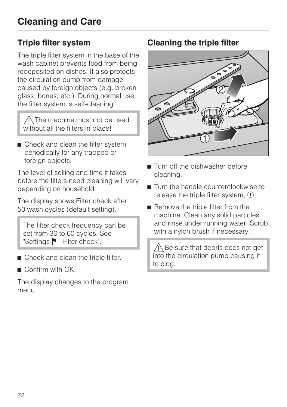 Triple filter system 72, Cleaning and care, Triple filter system | Cleaning the triple filter | Miele G 5975 User Manual | Page 72 / 84