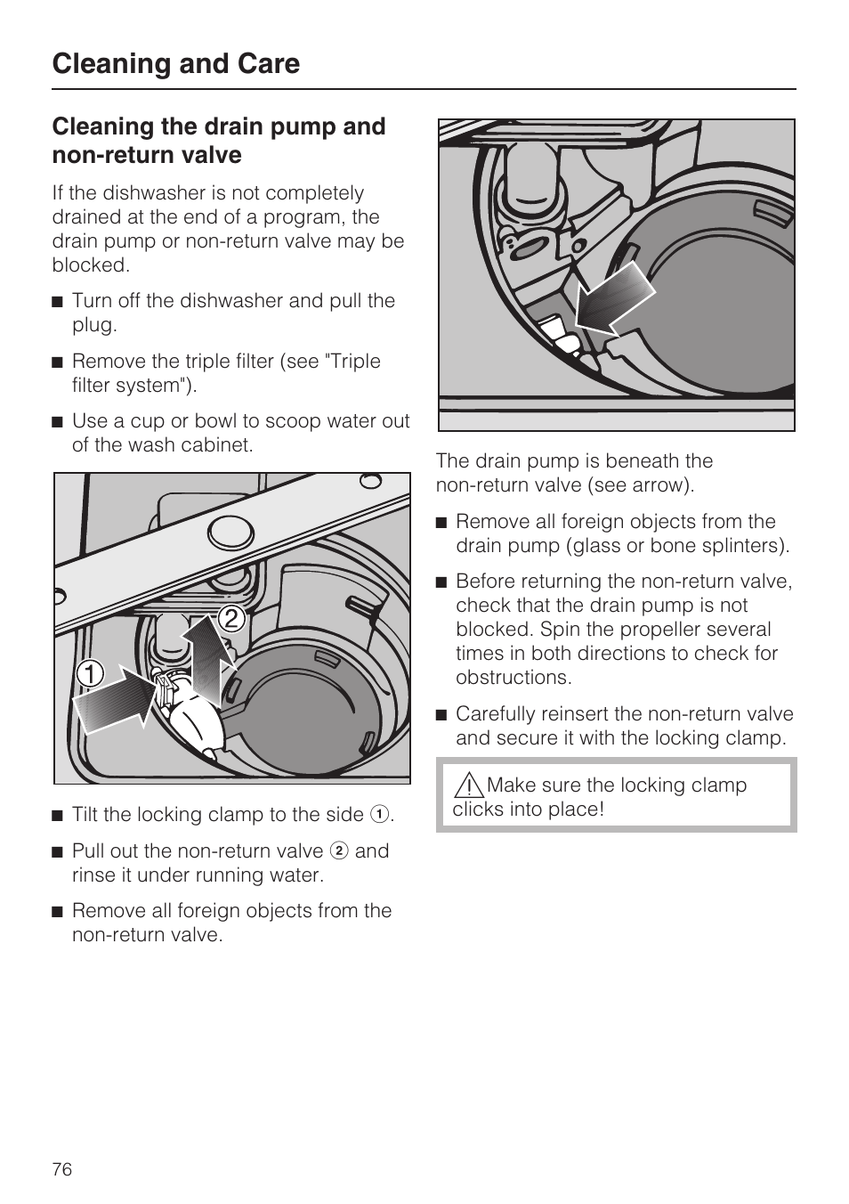 Cleaning the drain pump and non-return valve 76, Cleaning and care, Cleaning the drain pump and non-return valve | Miele G 5975 User Manual | Page 76 / 84