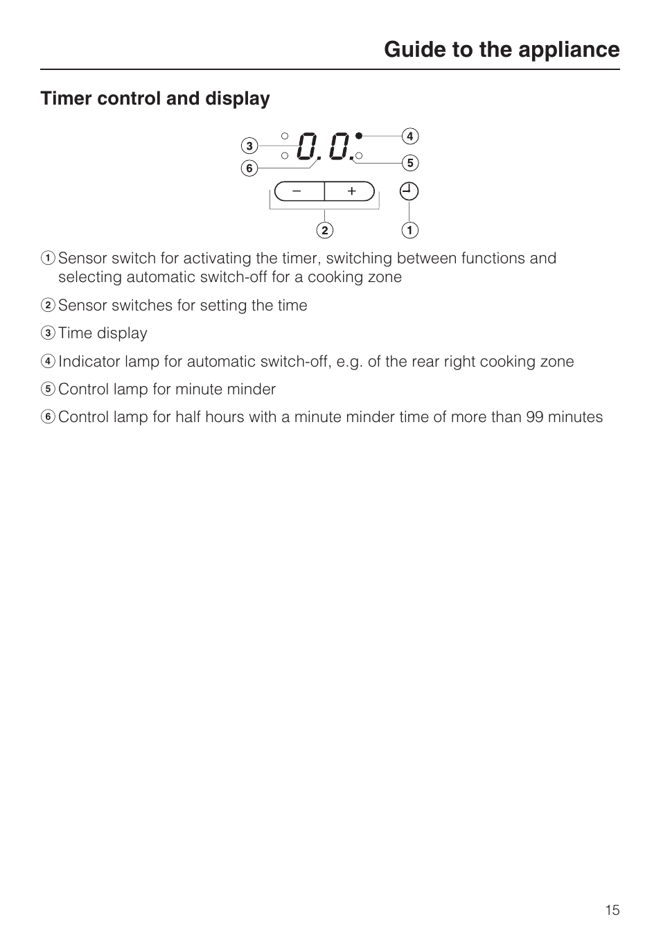 Timer control and display 15, Guide to the appliance, Timer control and display | Miele KM5958 User Manual | Page 15 / 84