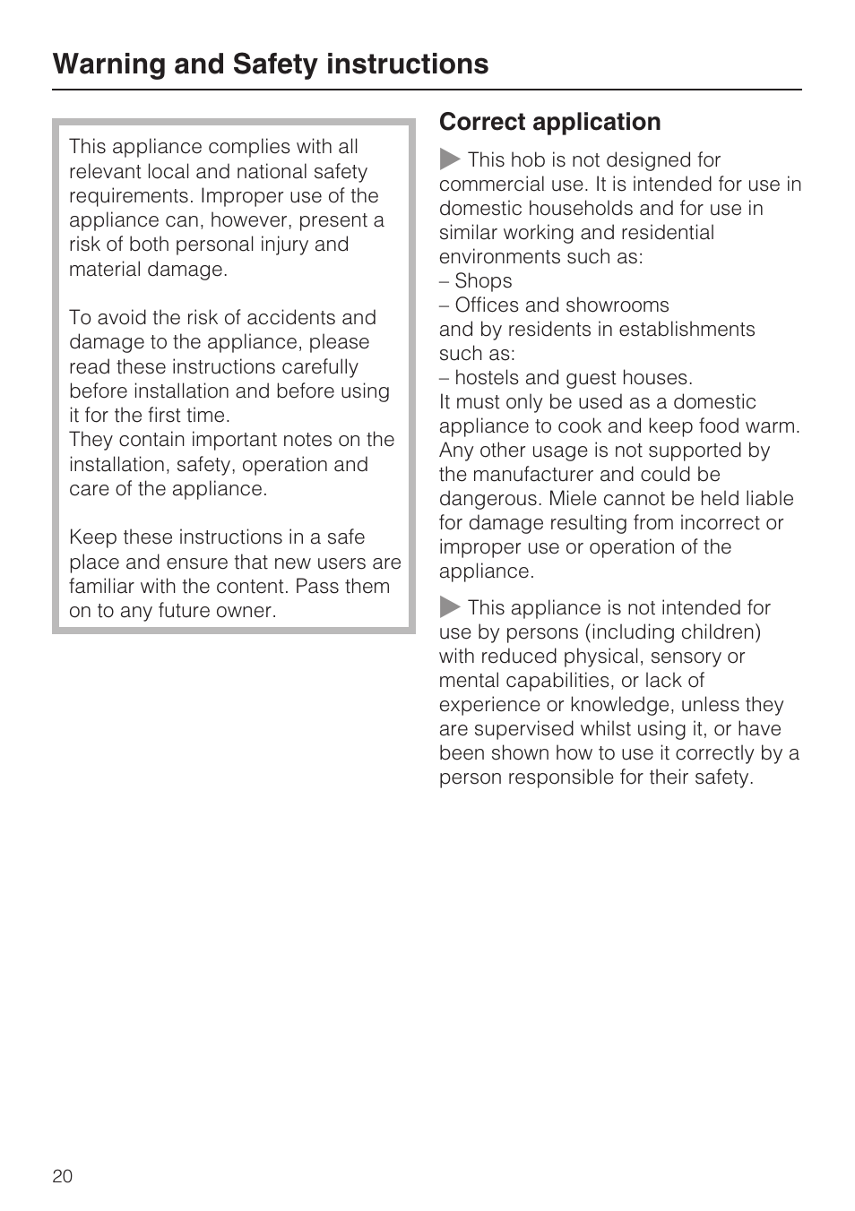 Warning and safety instructions 20, Warning and safety instructions | Miele KM5958 User Manual | Page 20 / 84