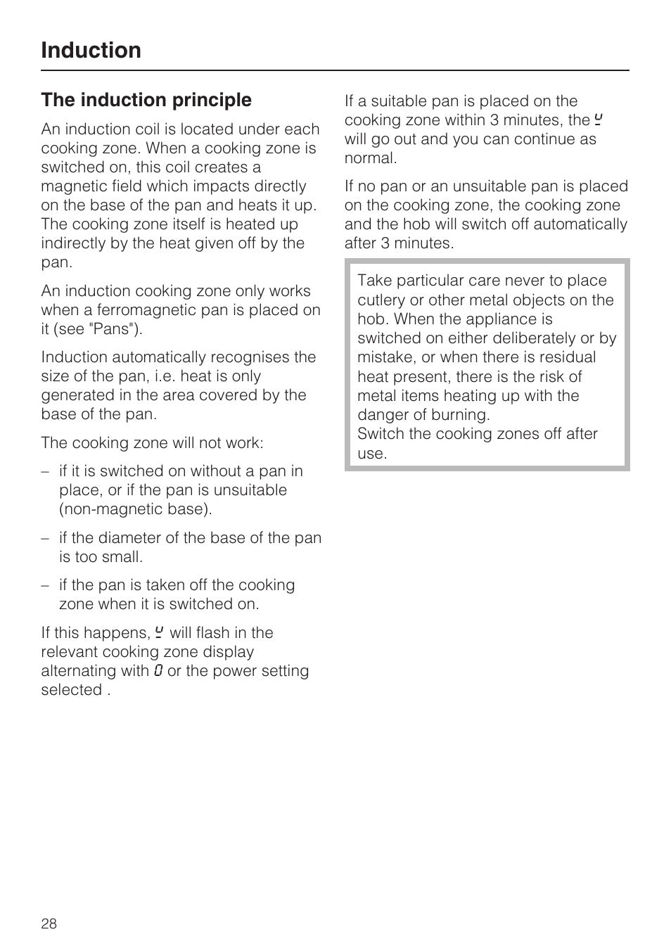 Induction 28, The induction principle 28, Induction | The induction principle | Miele KM5958 User Manual | Page 28 / 84