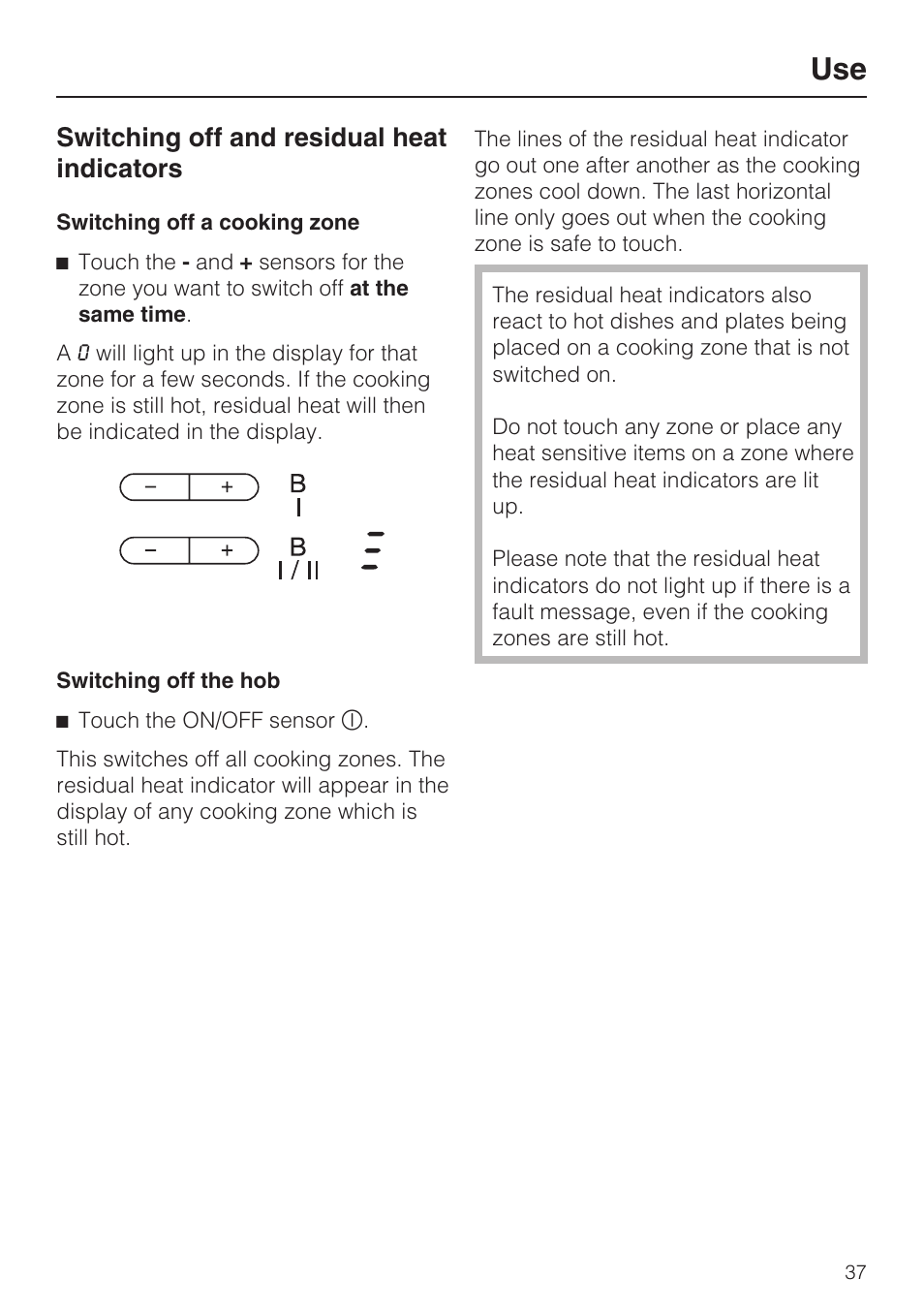 Switching off and residual heat indicators 37, Switching off and residual heat indicators | Miele KM5958 User Manual | Page 37 / 84