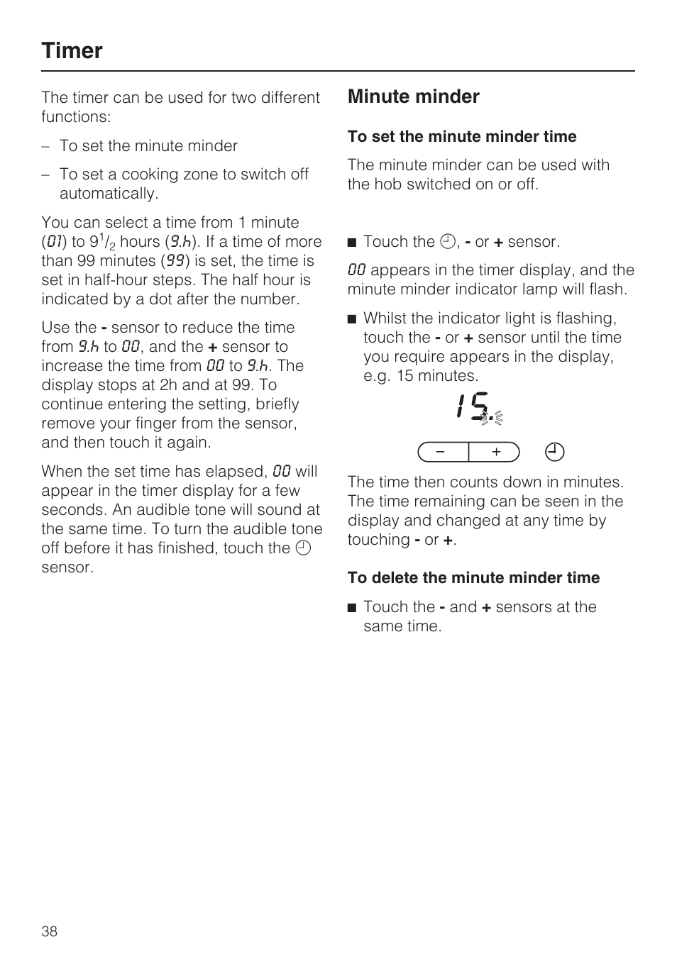 Timer 38, Minute minder 38, Timer | Minute minder | Miele KM5958 User Manual | Page 38 / 84