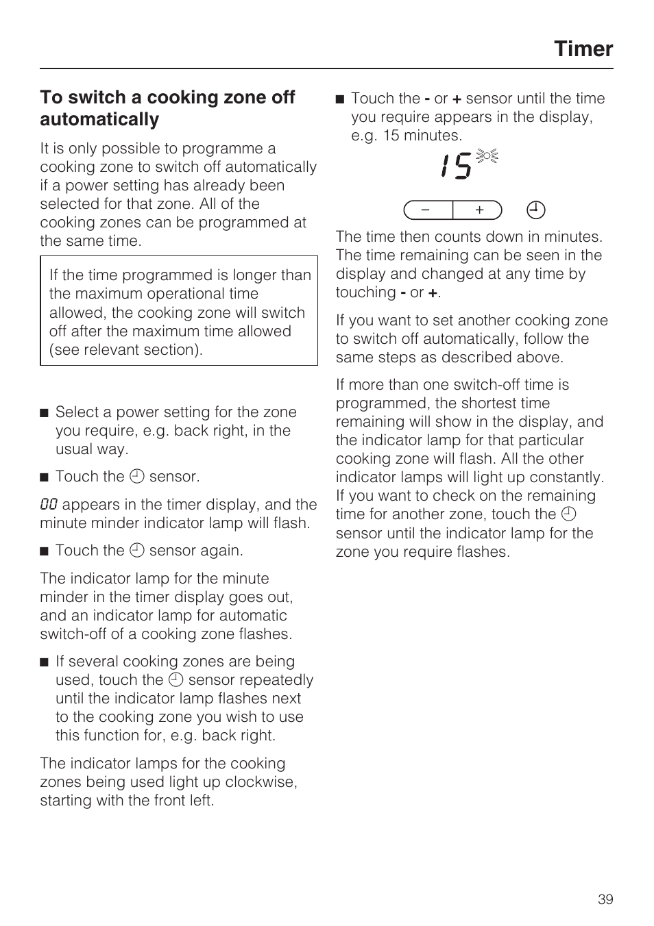 To switch a cooking zone off automatically 39, Timer | Miele KM5958 User Manual | Page 39 / 84