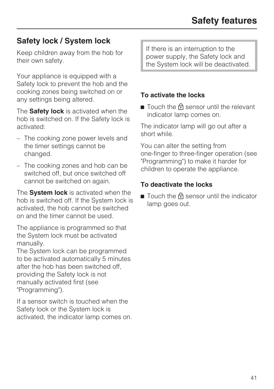 Safety features 41, Safety lock/system lock 41, Safety features | Safety lock / system lock | Miele KM5958 User Manual | Page 41 / 84