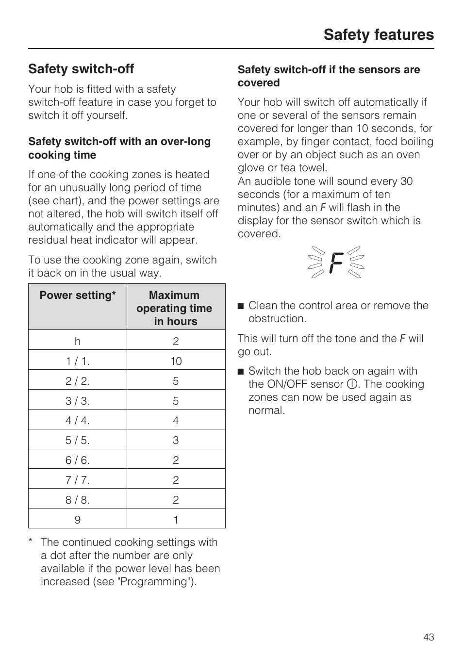 Safety switch-off 43, Safety features, Safety switch-off | Miele KM5958 User Manual | Page 43 / 84