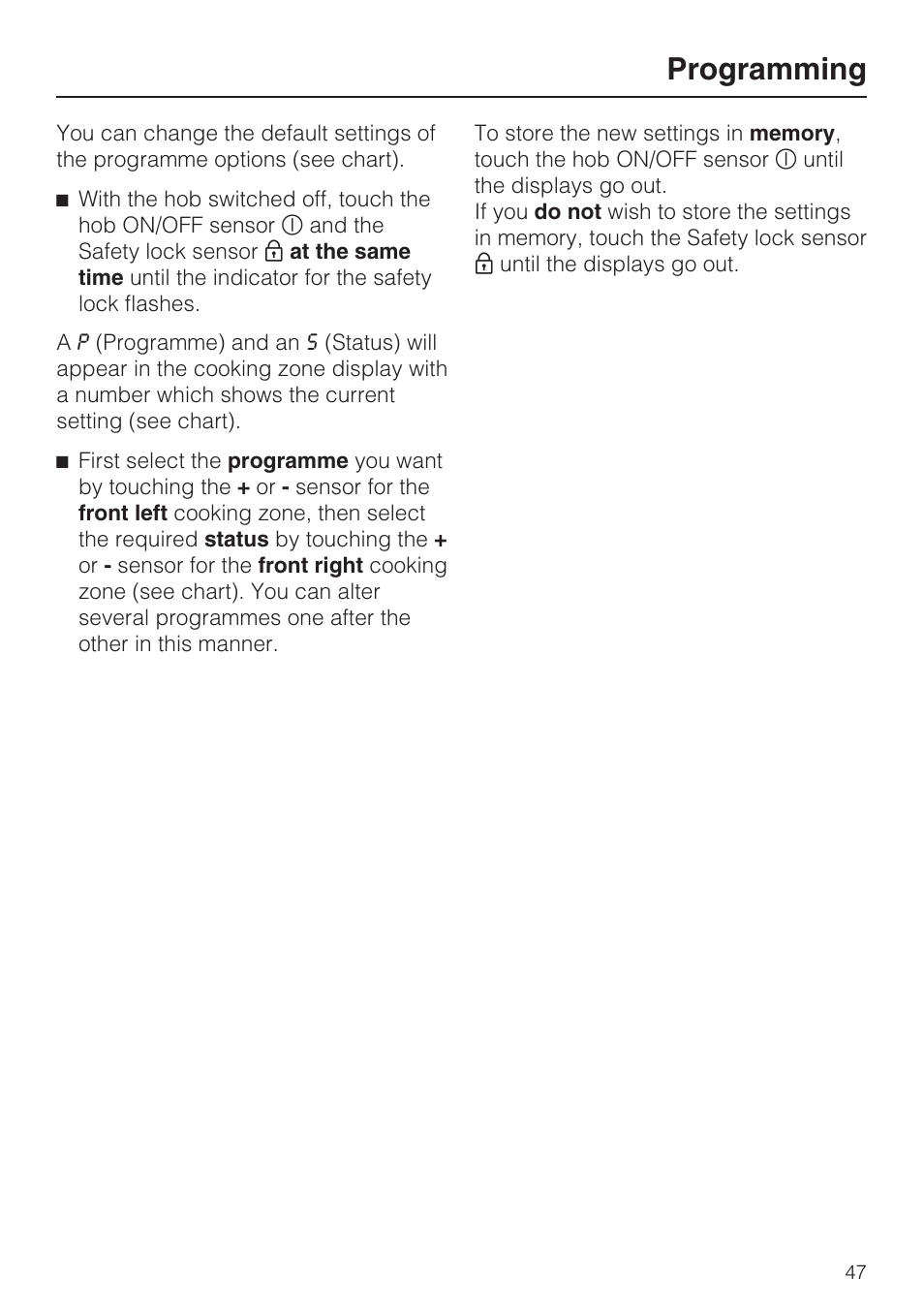 Programming 47, Programming | Miele KM5958 User Manual | Page 47 / 84