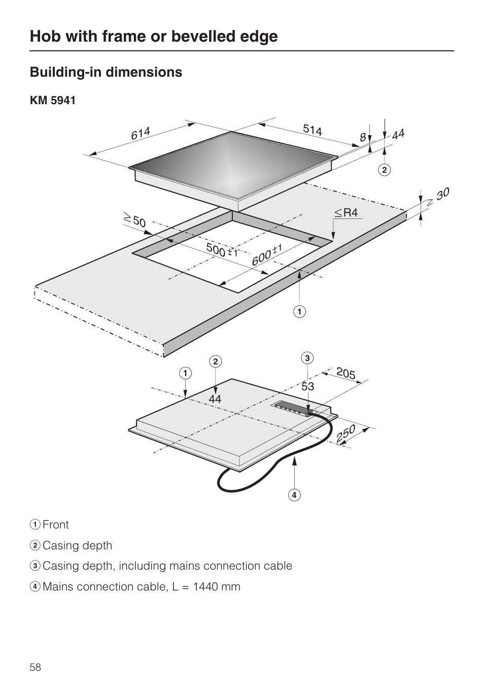 Hob with frame or bevelled edge 58, Building-in dimensions 58, Hob with frame or bevelled edge | Building-in dimensions, Bd a a | Miele KM5958 User Manual | Page 58 / 84