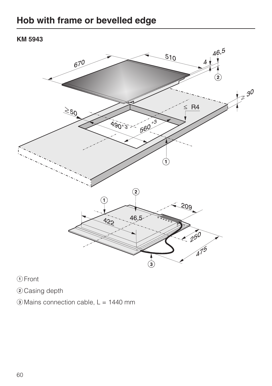 Hob with frame or bevelled edge | Miele KM5958 User Manual | Page 60 / 84