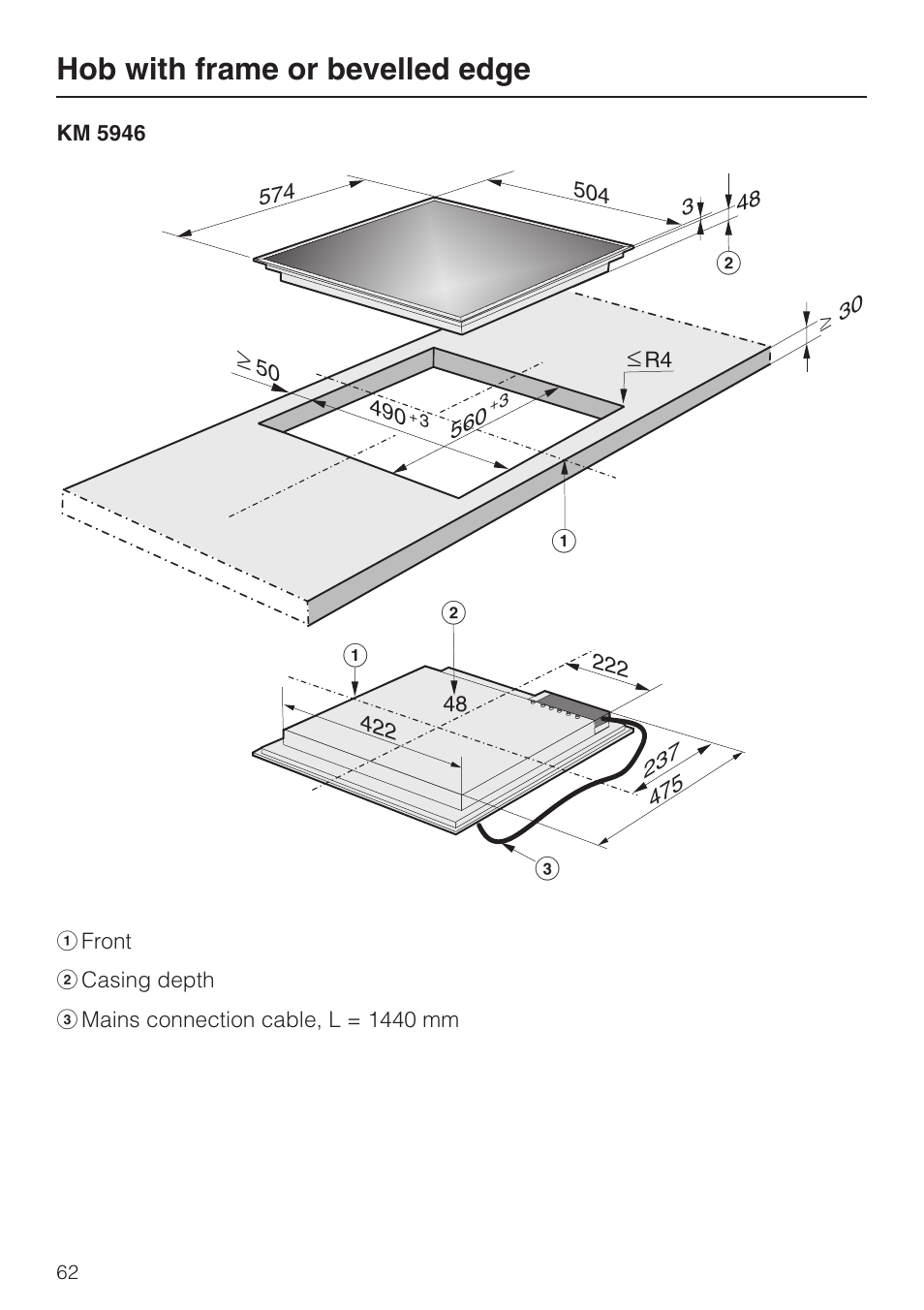 Hob with frame or bevelled edge, SSa c | Miele KM5958 User Manual | Page 62 / 84