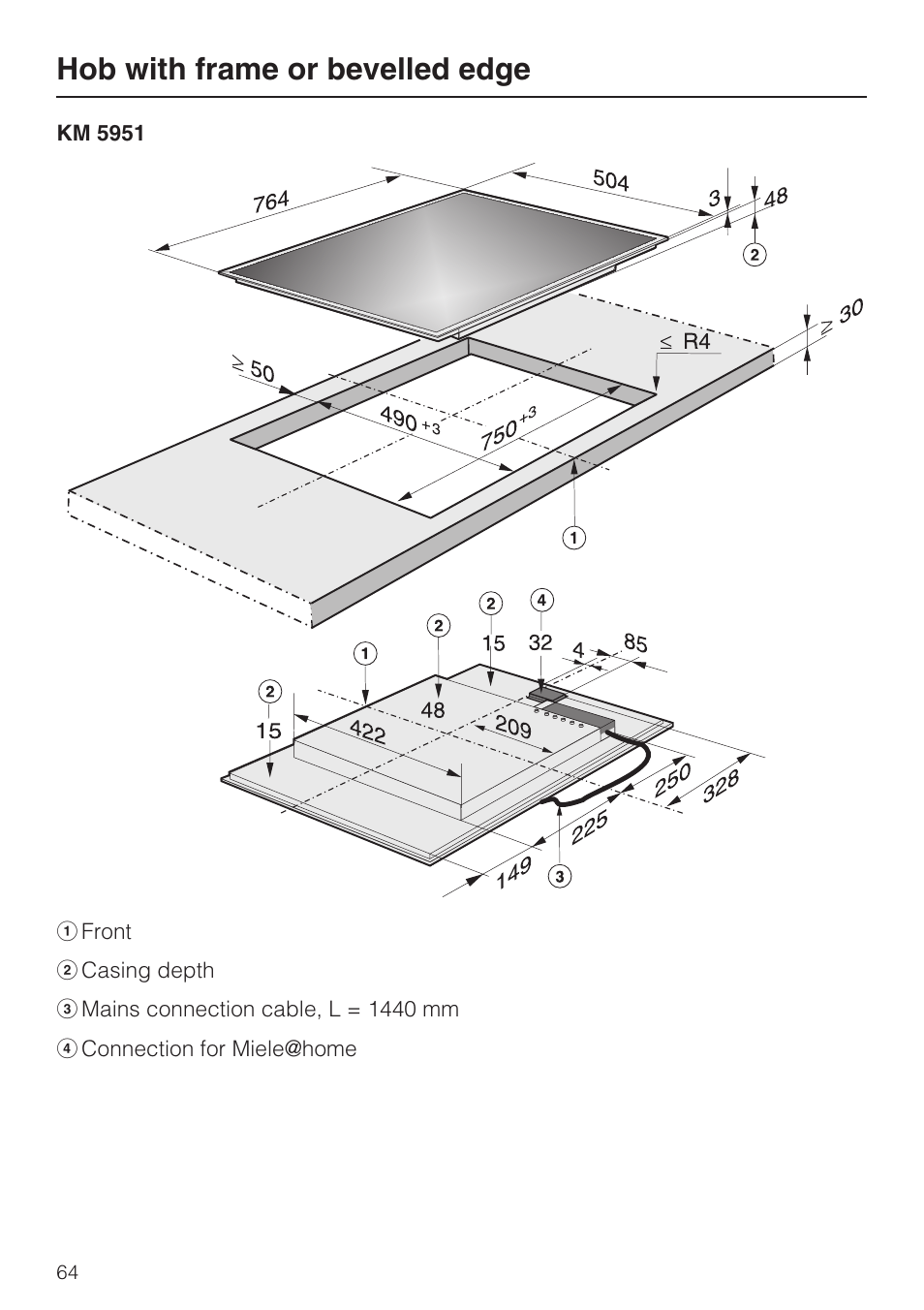 Hob with frame or bevelled edge | Miele KM5958 User Manual | Page 64 / 84