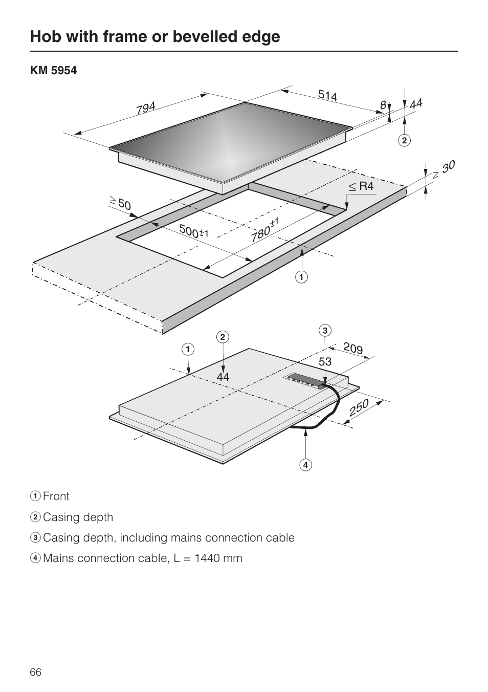 Hob with frame or bevelled edge | Miele KM5958 User Manual | Page 66 / 84