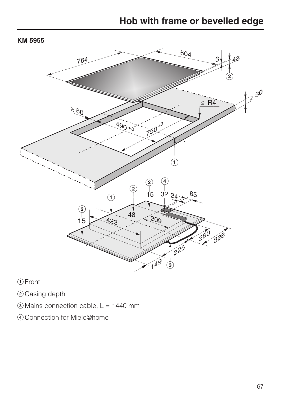 Hob with frame or bevelled edge | Miele KM5958 User Manual | Page 67 / 84