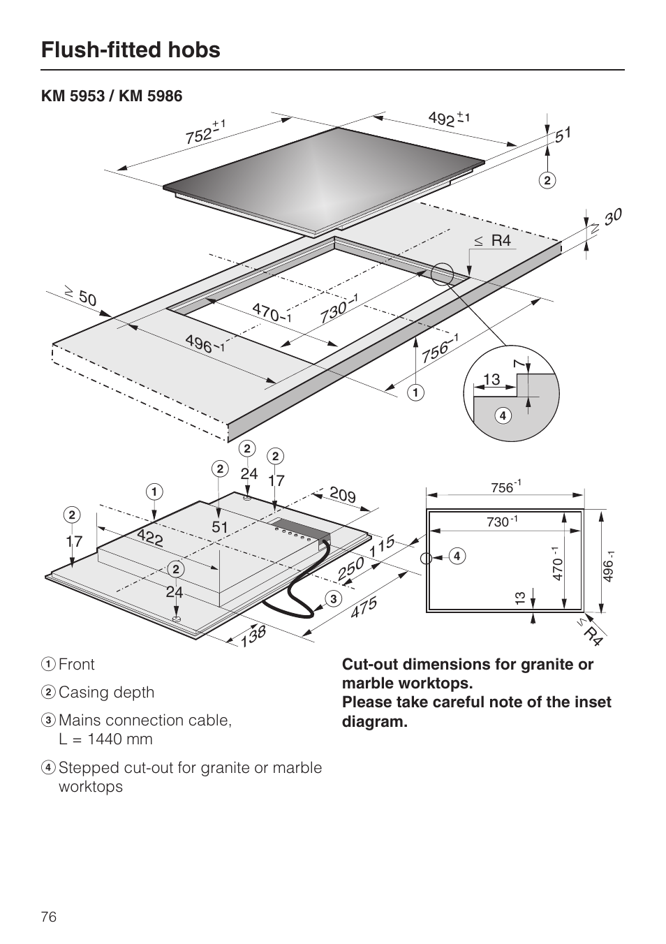 Flush-fitted hobs | Miele KM5958 User Manual | Page 76 / 84