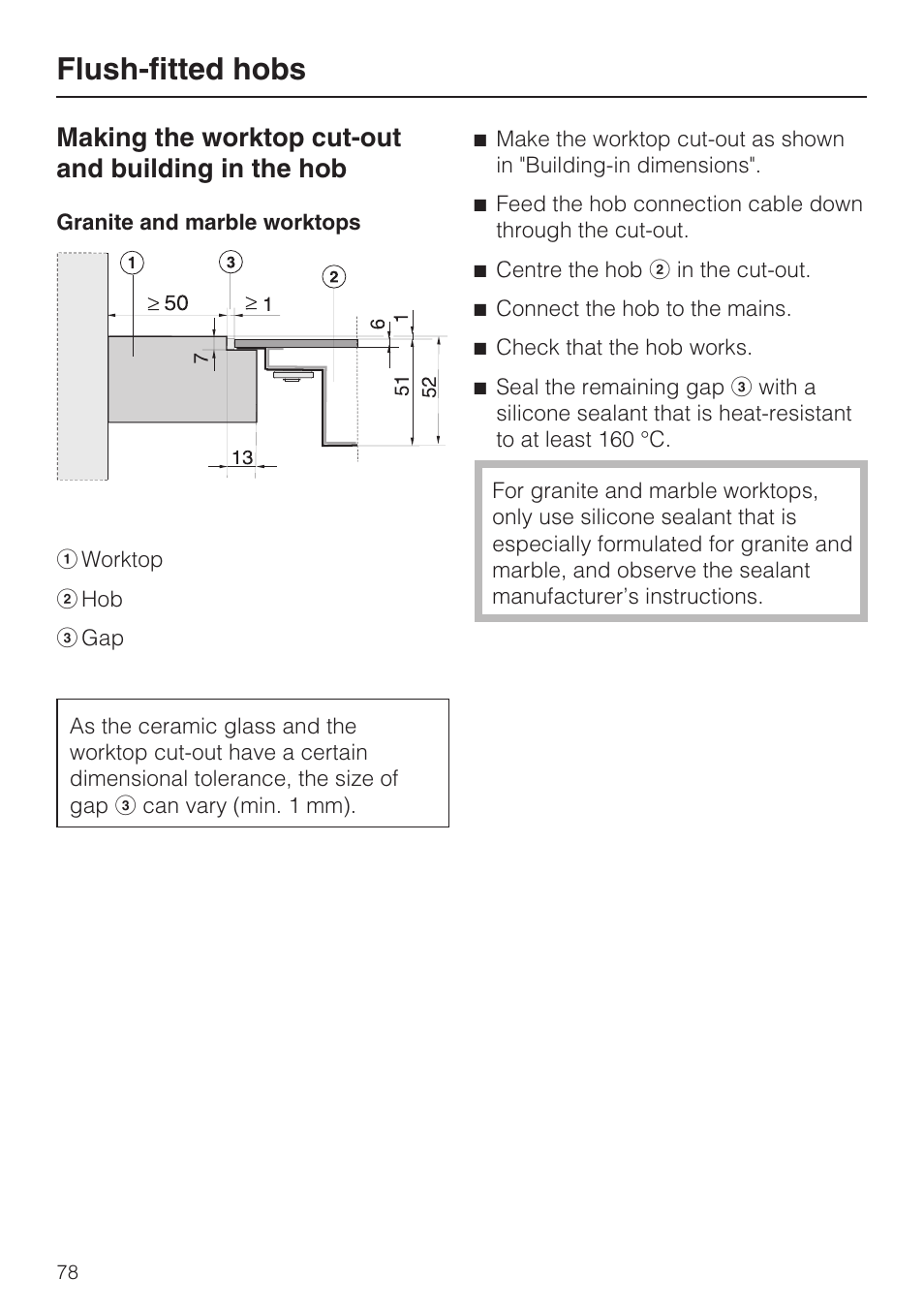 Flush-fitted hobs, Making the worktop cut-out and building in the hob | Miele KM5958 User Manual | Page 78 / 84