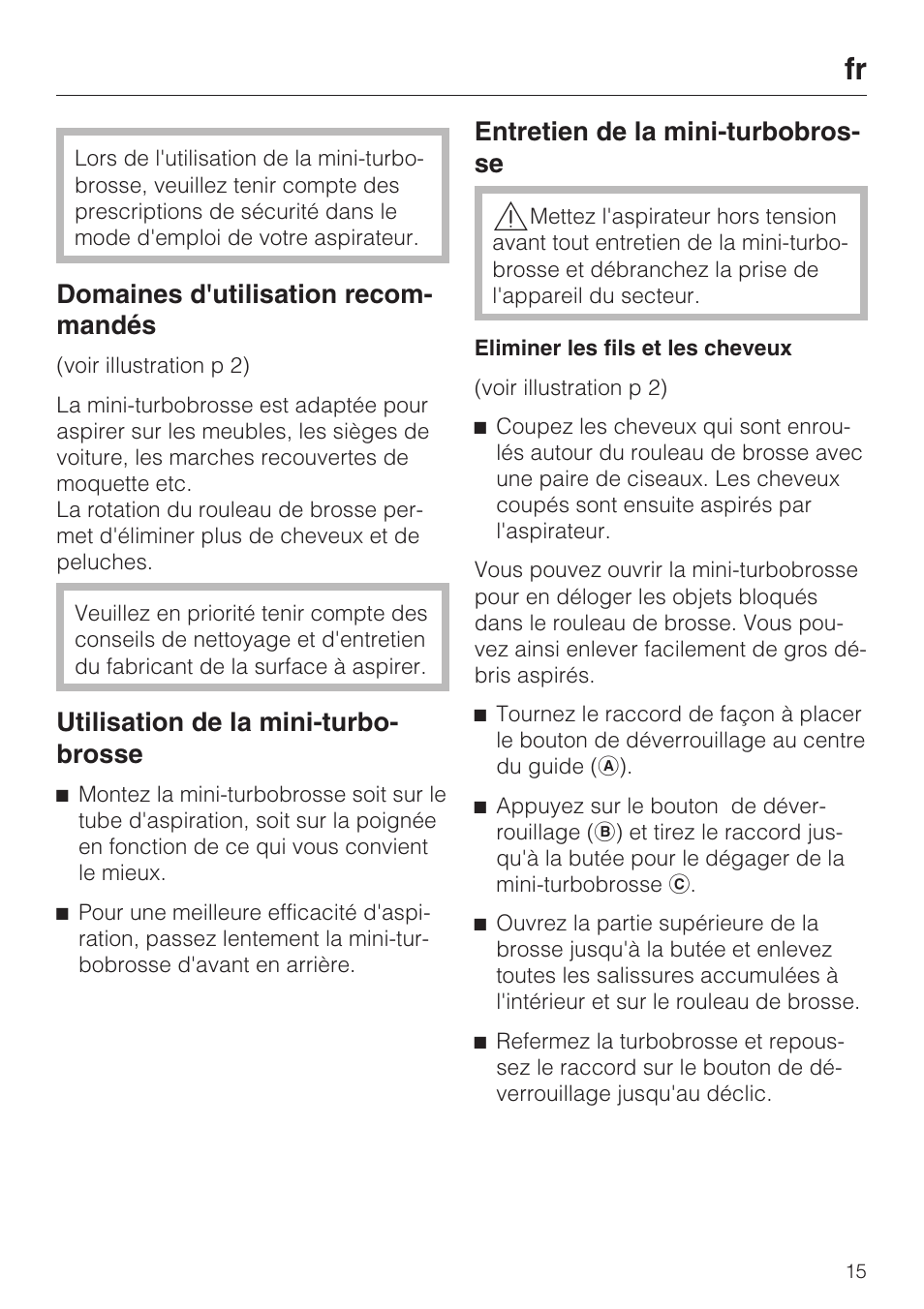 Domaines d'utilisation recom- mandés, Utilisation de la mini-turbo- brosse, Entretien de la mini-turbobros- se | Miele TURBO MINI STB 101 User Manual | Page 15 / 56