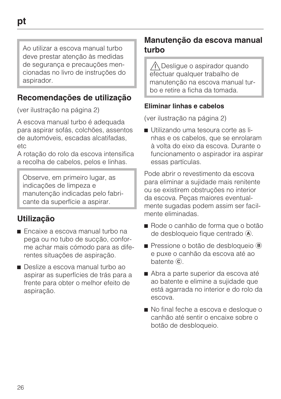 Recomendações de utilização, Utilização, Manutenção da escova manual turbo | Miele TURBO MINI STB 101 User Manual | Page 26 / 56
