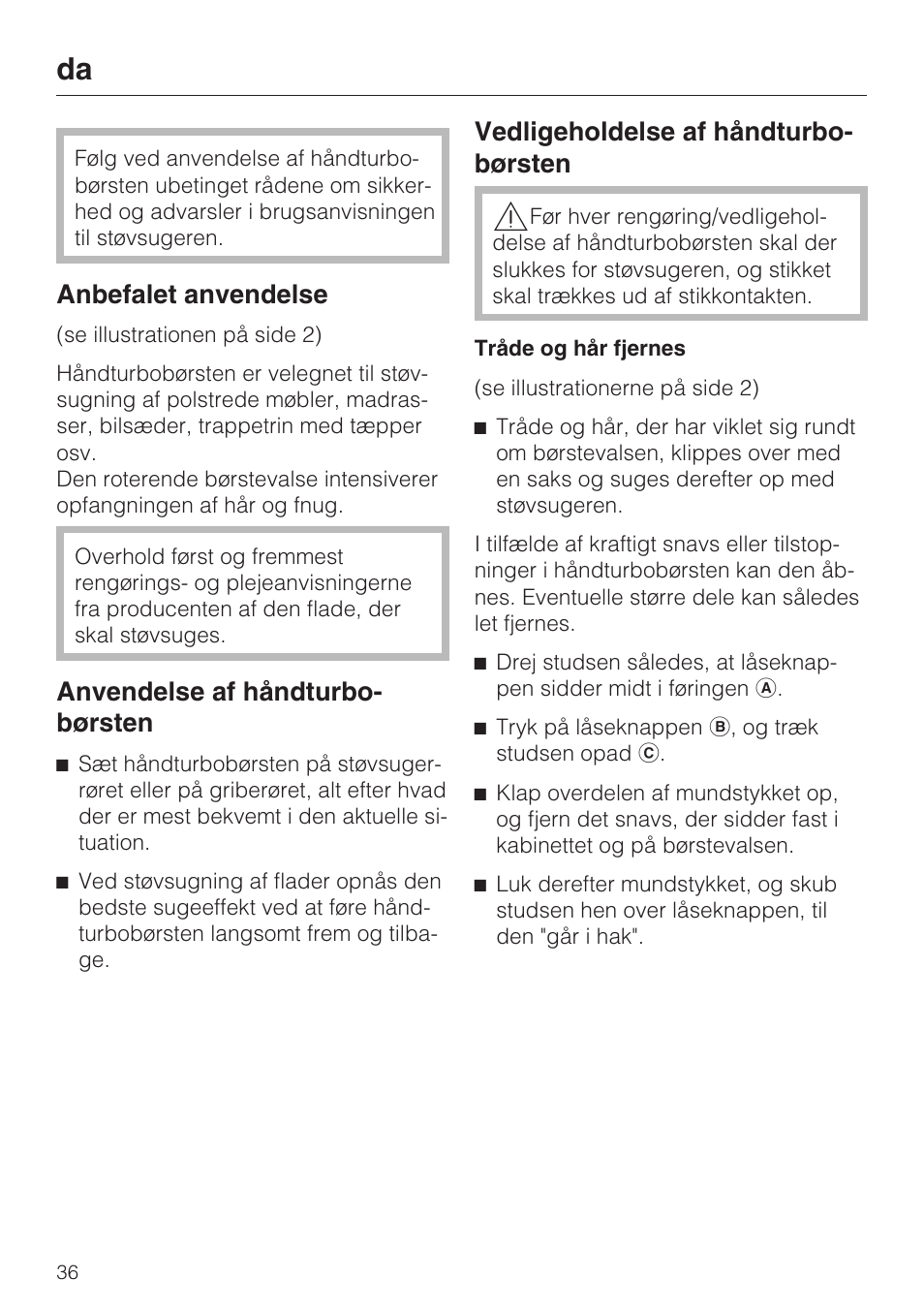 Anbefalet anvendelse, Anvendelse af håndturbo- børsten, Vedligeholdelse af håndturbo- børsten | Miele TURBO MINI STB 101 User Manual | Page 36 / 56