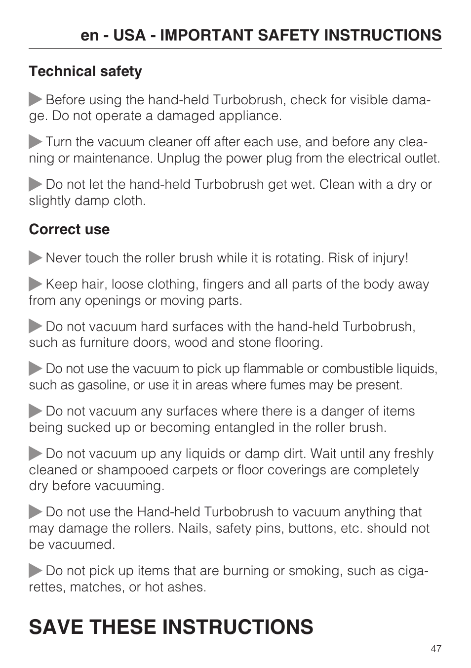 Save these instructions | Miele TURBO MINI STB 101 User Manual | Page 47 / 56