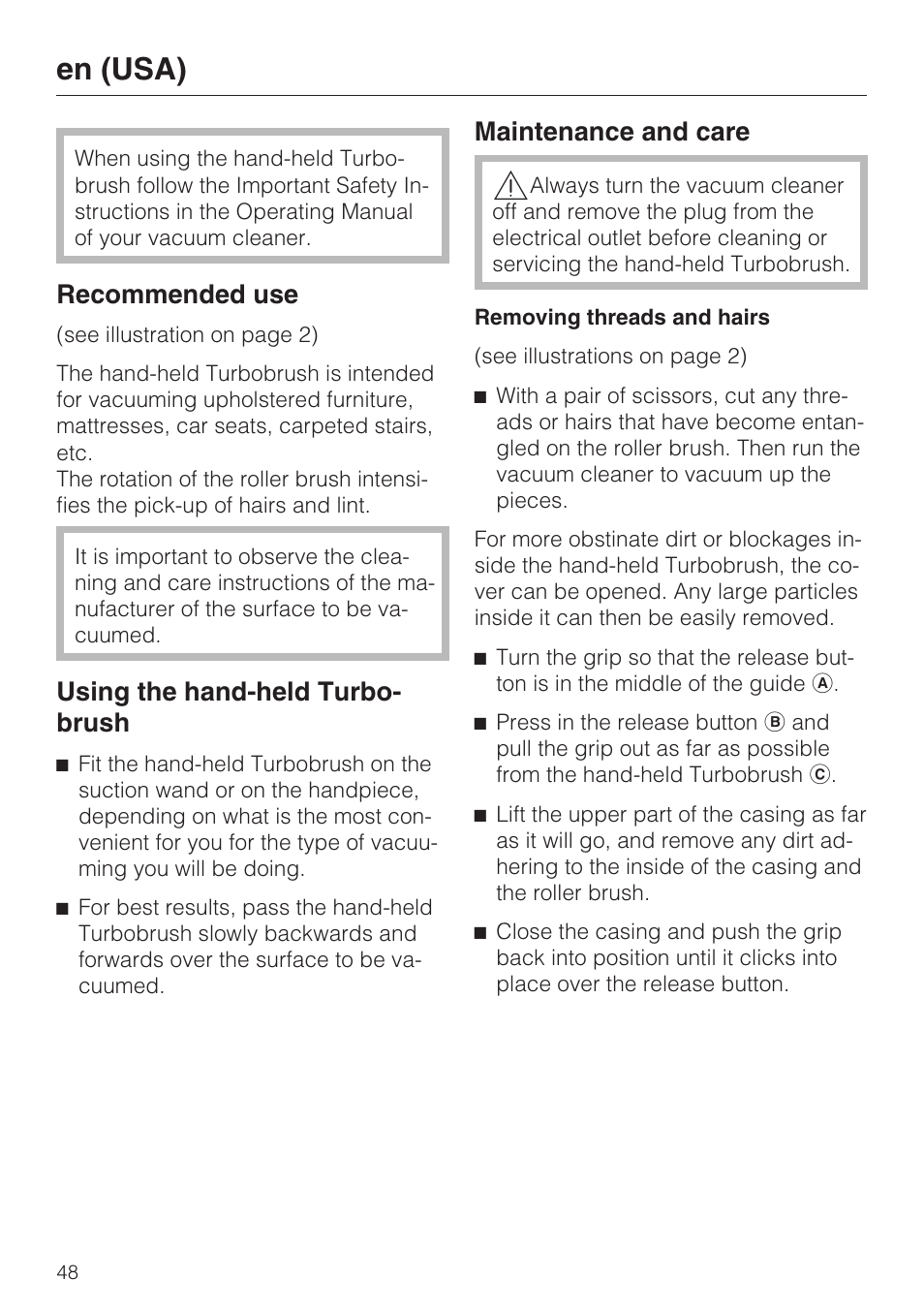 En (usa), Recommended use, Using the hand-held turbo- brush | Maintenance and care | Miele TURBO MINI STB 101 User Manual | Page 48 / 56