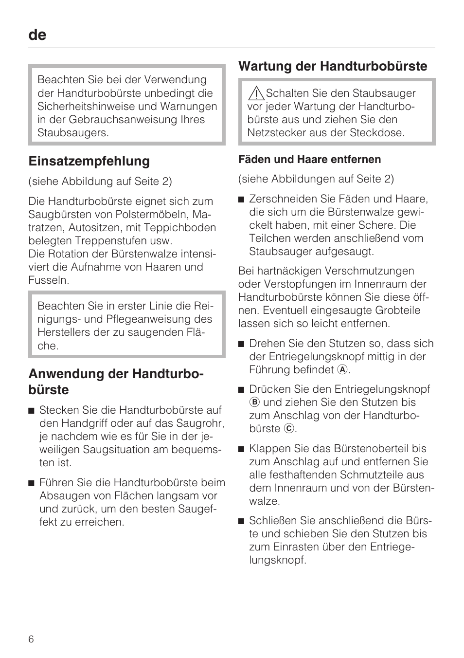 Einsatzempfehlung, Anwendung der handturbo- bürste, Wartung der handturbobürste | Miele TURBO MINI STB 101 User Manual | Page 6 / 56
