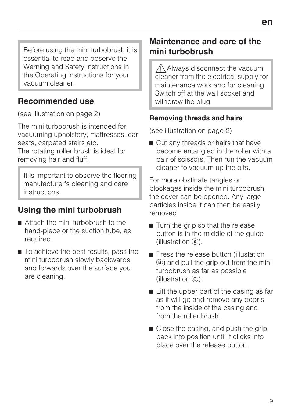 Recommended use, Using the mini turbobrush, Maintenance and care of the mini turbobrush | Miele TURBO MINI STB 101 User Manual | Page 9 / 56