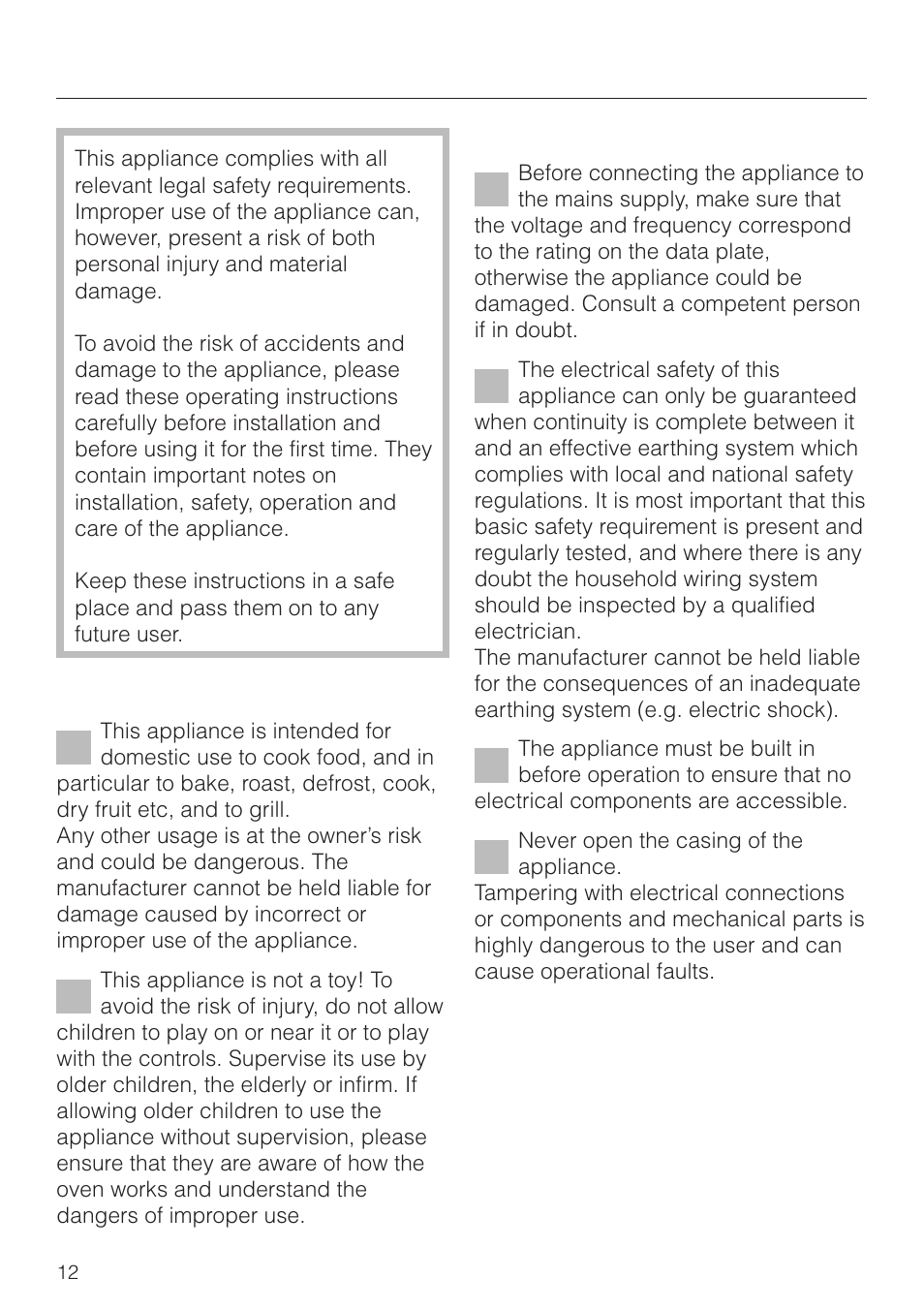 Warning and safety instructions 12, Warning and safety instructions, Correct usage | Technical safety | Miele H 4150 User Manual | Page 12 / 76
