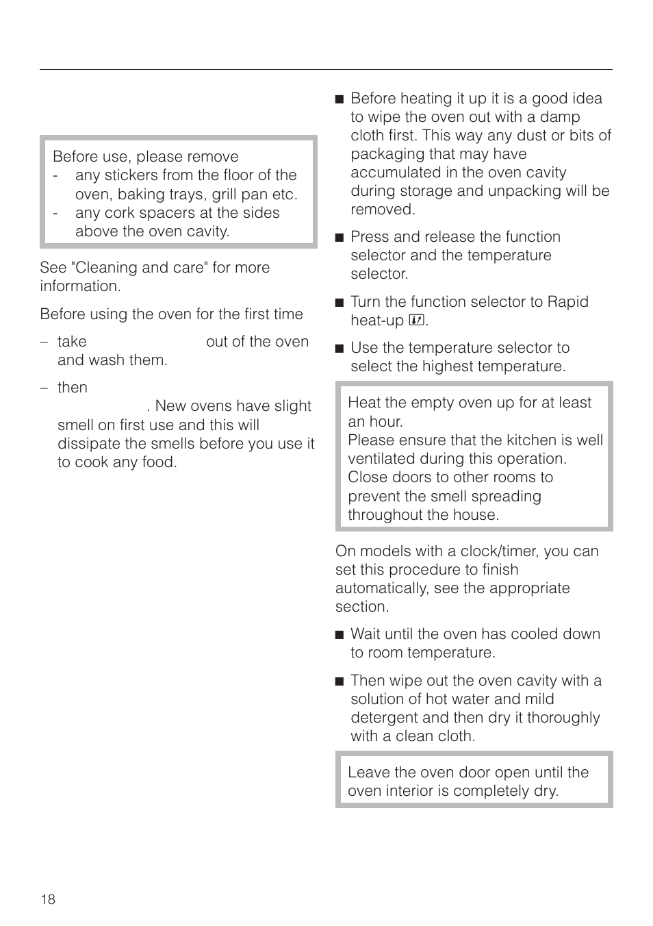 Cleaning and heating up for the first time 18, Before using for the first time, Cleaning and heating up for the first time | Miele H 4150 User Manual | Page 18 / 76